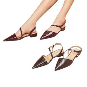 NEW! C.Paravano Slingback Flats Crocodile Print Pointed Toe Brown Size 8